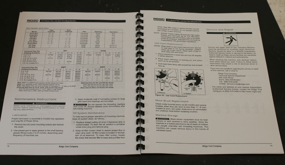 Ridgid Model 535 Pipe & Bolt Threader Machine Operator's Manual Pipe Plumbing