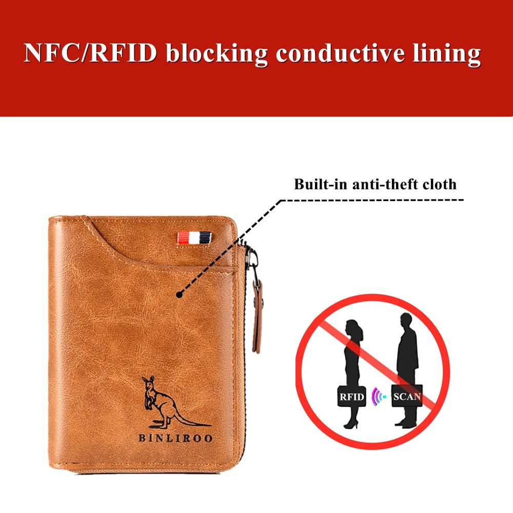 Leather Wallet for Men with zipper, RFID blocking bifold wallets with Separat...