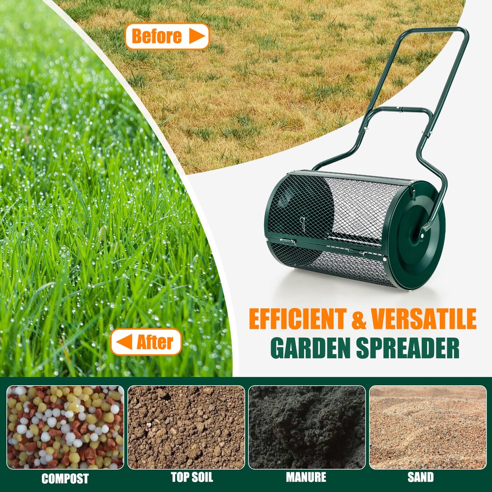 27" Compost Spreader Peat Moss Spreader Heavy Duty Garden Metal Mesh Roller