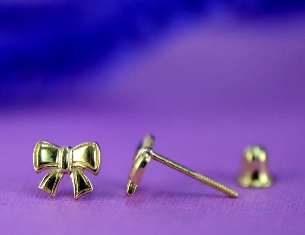 14k solid white yellow gold bow tie stud earrings cz