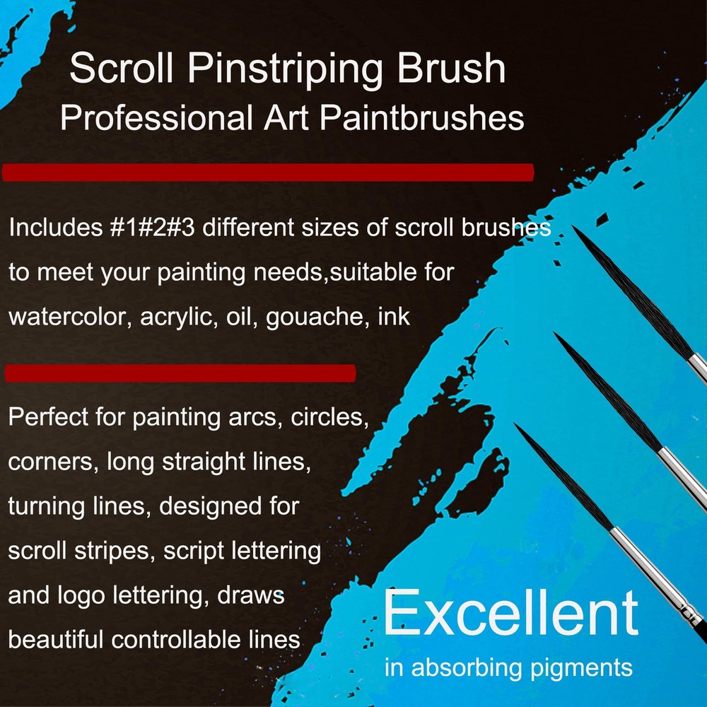 Scroll Pinstriping Brush,3 PCS High Performance Script Pinstripe Brushes,Made fr