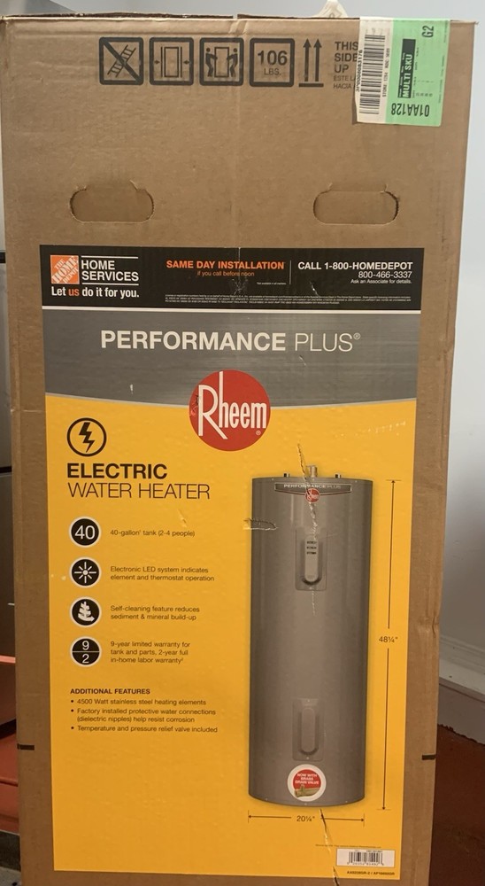Rheem Performance Plus 40 Gal Electric Water Heater Stainless Steel LED