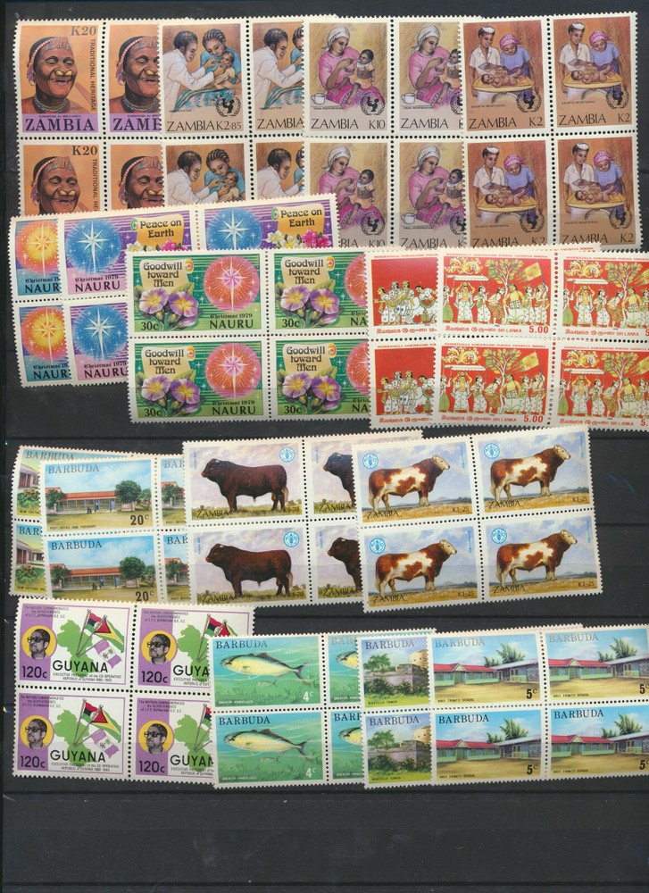 British Colonials 34 Different Mint Never Hinged Topical BLOCKS of FOUR