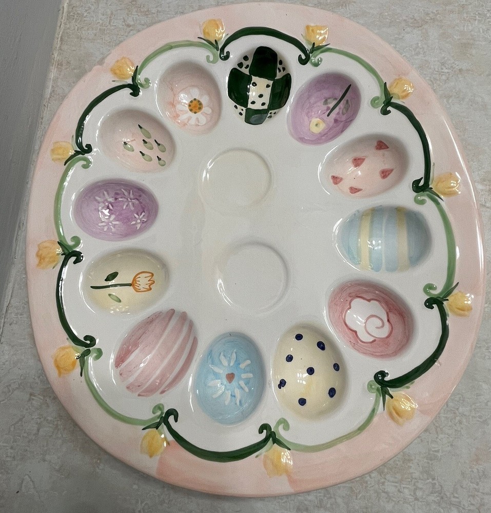 Easter Deviled Egg Floral Ceramic Plate Hand Painted Heavy High End Decor