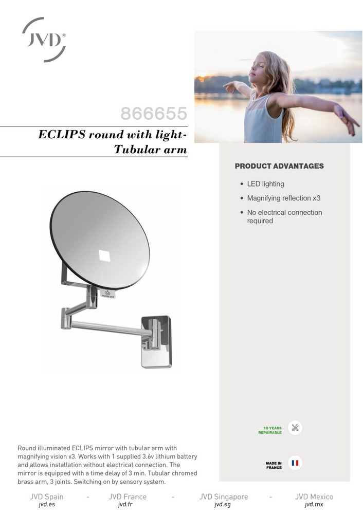JDV ECLIPS round Mirror with light Tubular arm