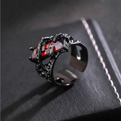 Adjustable Gothic Ring with Red Rhinestone, Resizable Hollow Out Ring