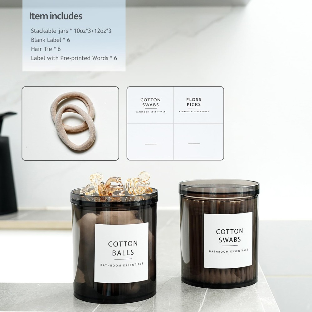 6-Pack Black Stackable Apothecary Jars - (10oz & 12oz) Mixed Sizes Qtip Holde...