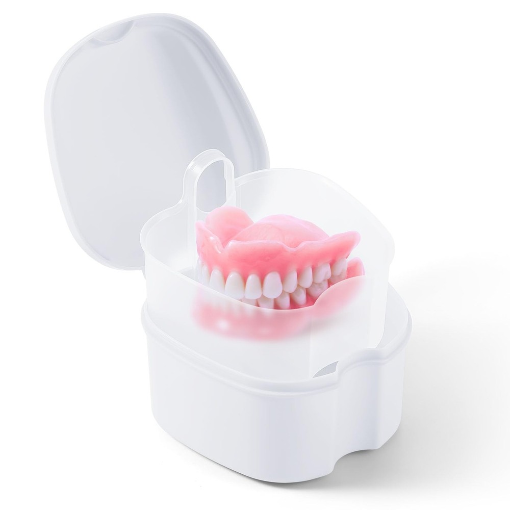 JMU Denture Bath Case with Strainer Basket Soaking Cup & Mouthguard Storage C...