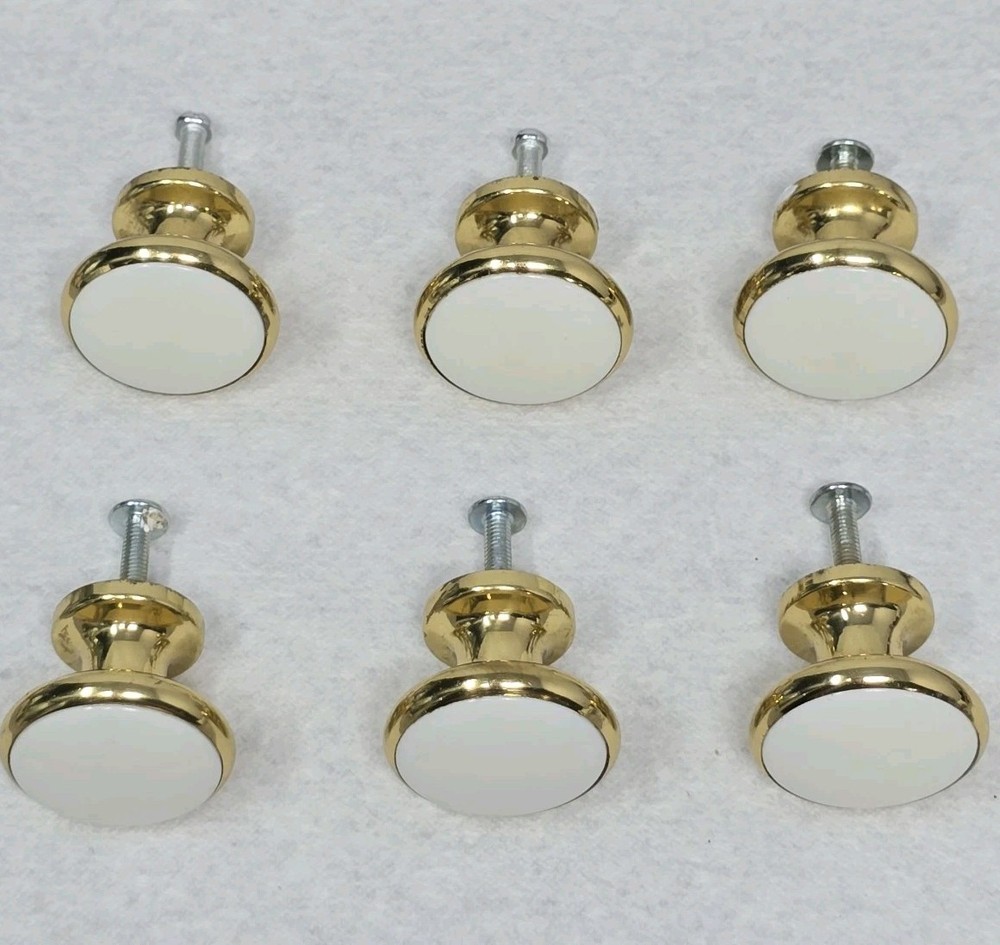 Vtg Porcelain Solid Brass Knob Replacement Cabinet Drawer Pull White Gold 1.25"