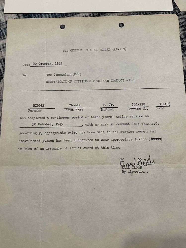 WW2 WWII US Navy USN 1944 USS General William Weigel Document Grouping T. Biddle