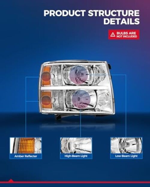 Headlights Assembly Direct Replacement for 2007-2013 Silverado Chrome-Amber