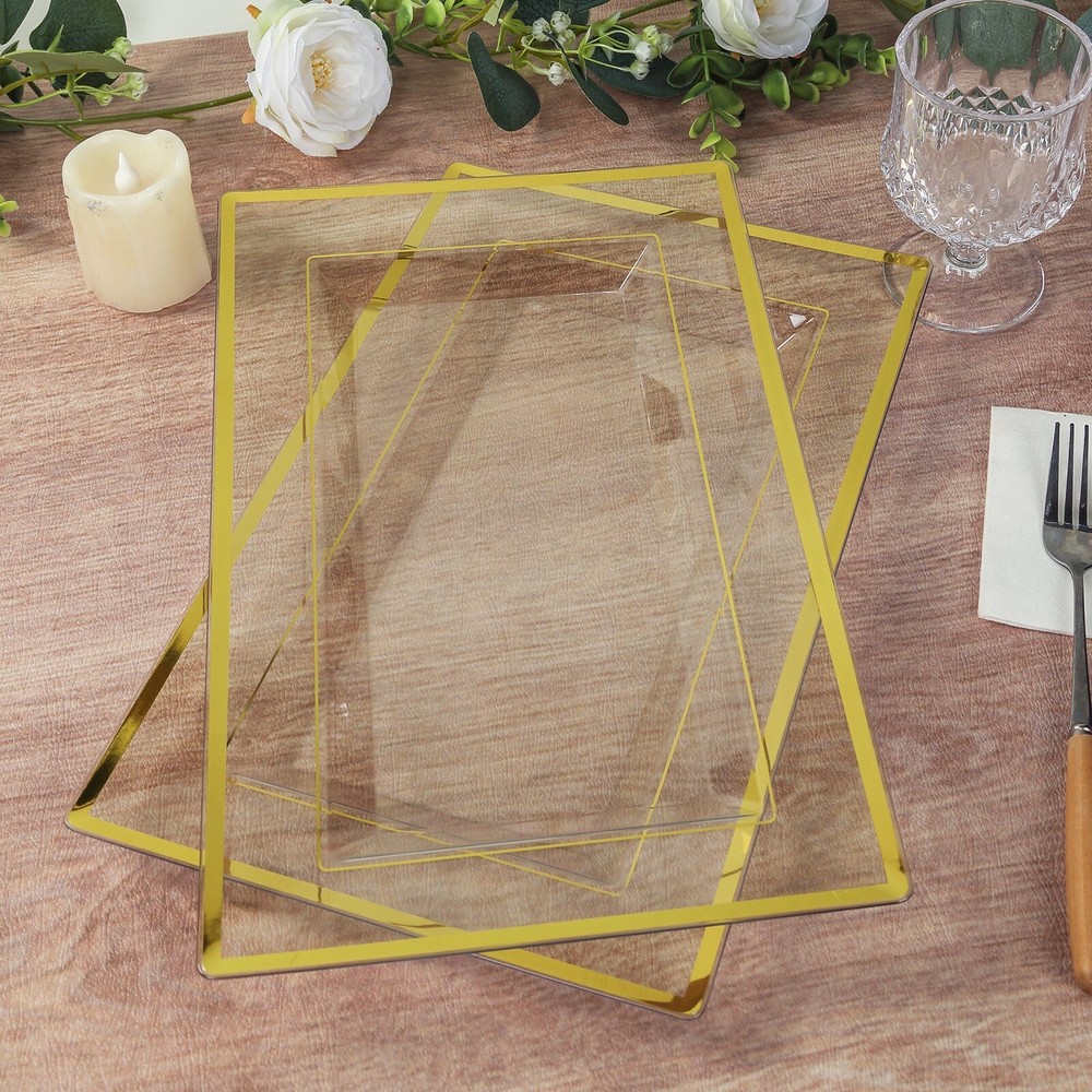 10 Clear Rectangular Plastic Serving Trays with Gold Rim Party Decorations