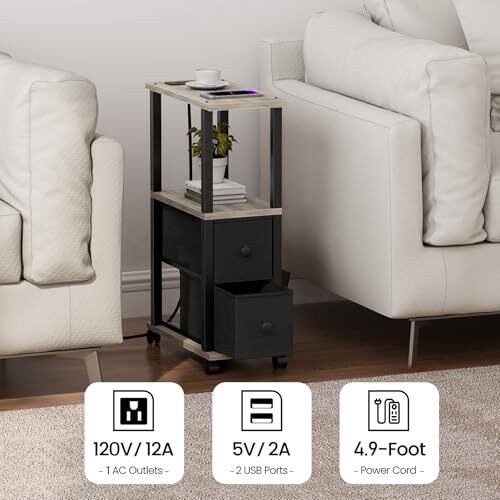 End Table with Charging Station, Narrow Side Table with 2 Fabric Greige