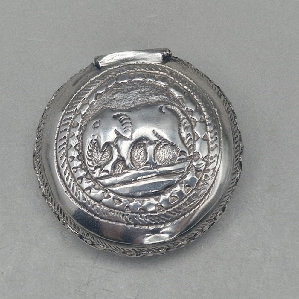 Antique Silver Hinged Pill Box with Repoussé Elephant Motif