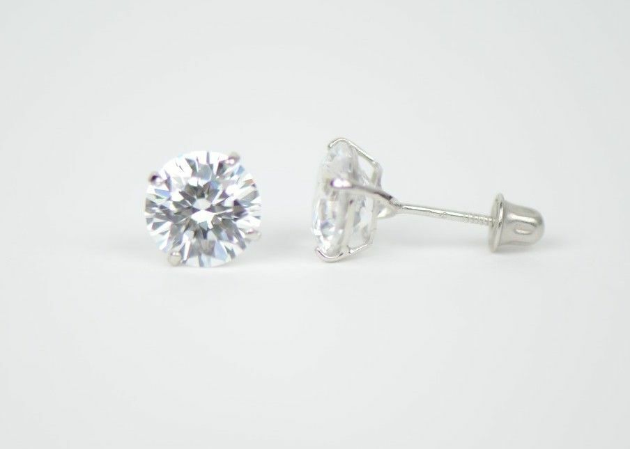 CZ Stud Earring Round cut in 14k white gold Screw back