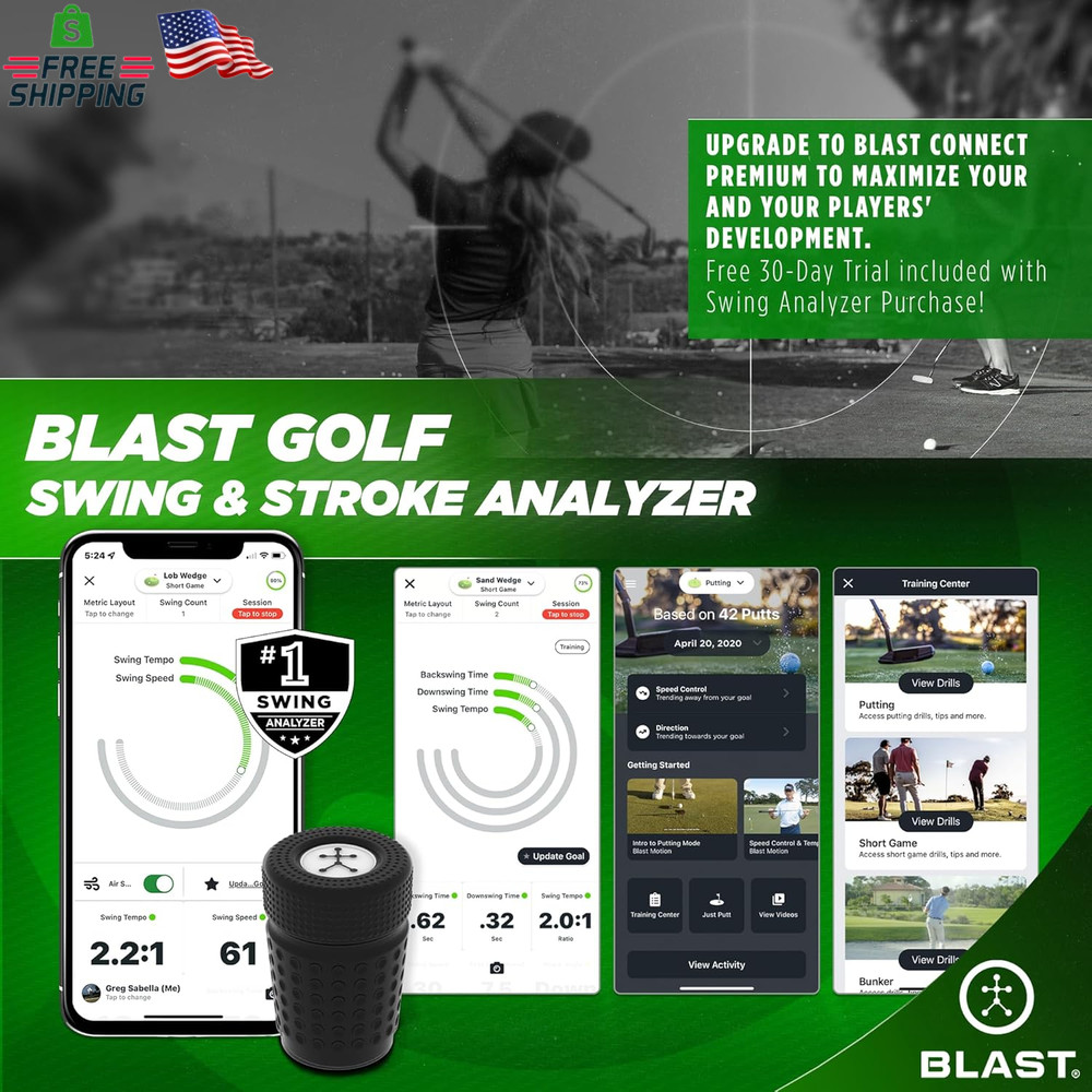 Blast Motion Golf Swing & Stroke Analyzer - Real-Time Feedback, Swing Metrics, S