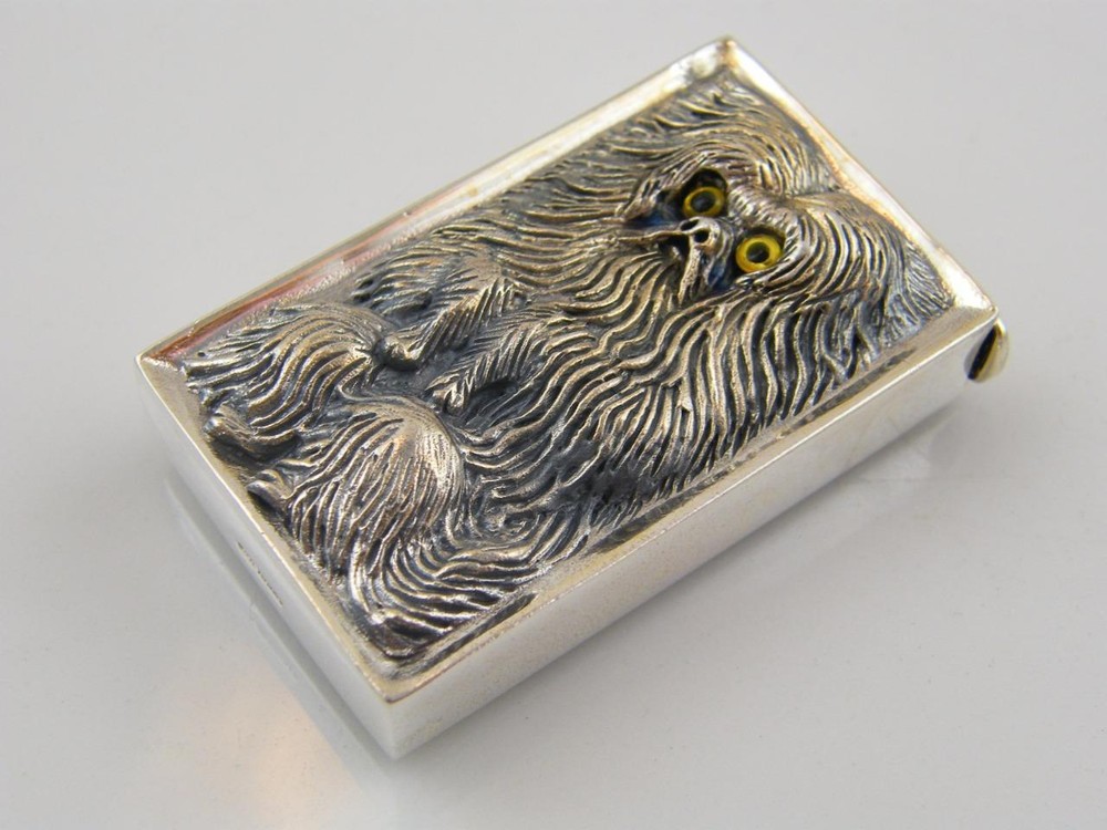EMBOSSED STERLING SILVER LONG HAIRED TERRIER DOG VESTA CASE