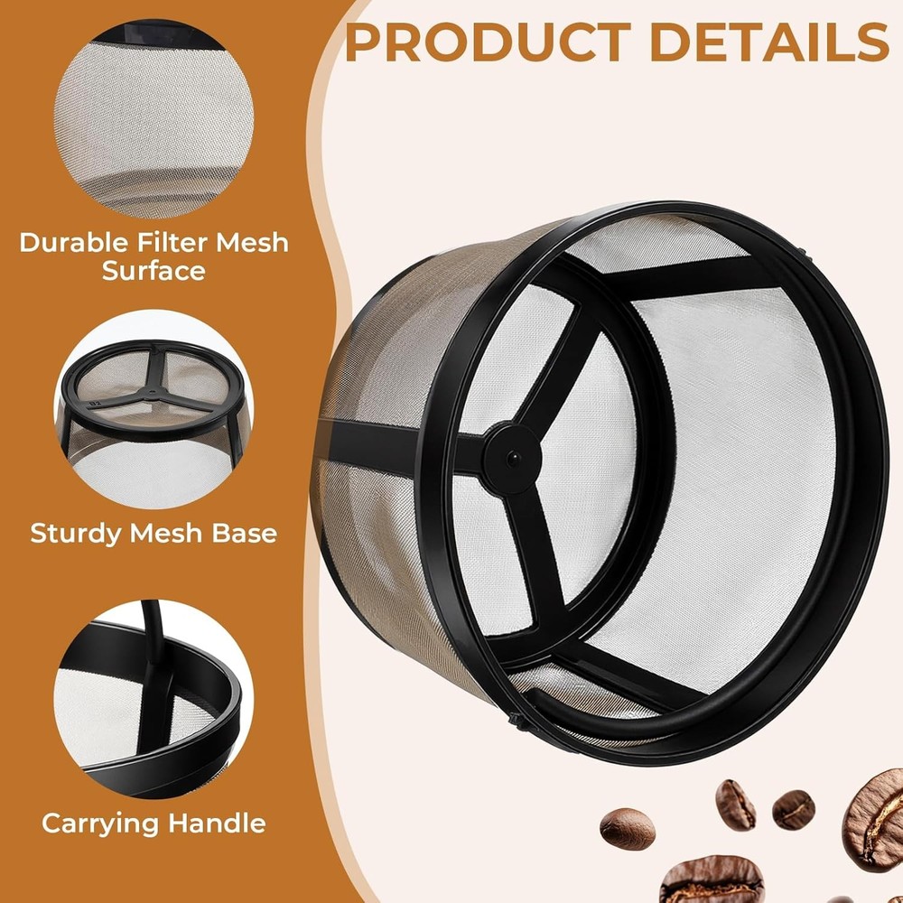 2pc Reusable Gold Mesh Coffee Filter Basket 4-5 Cup Permanent Replacement Handle