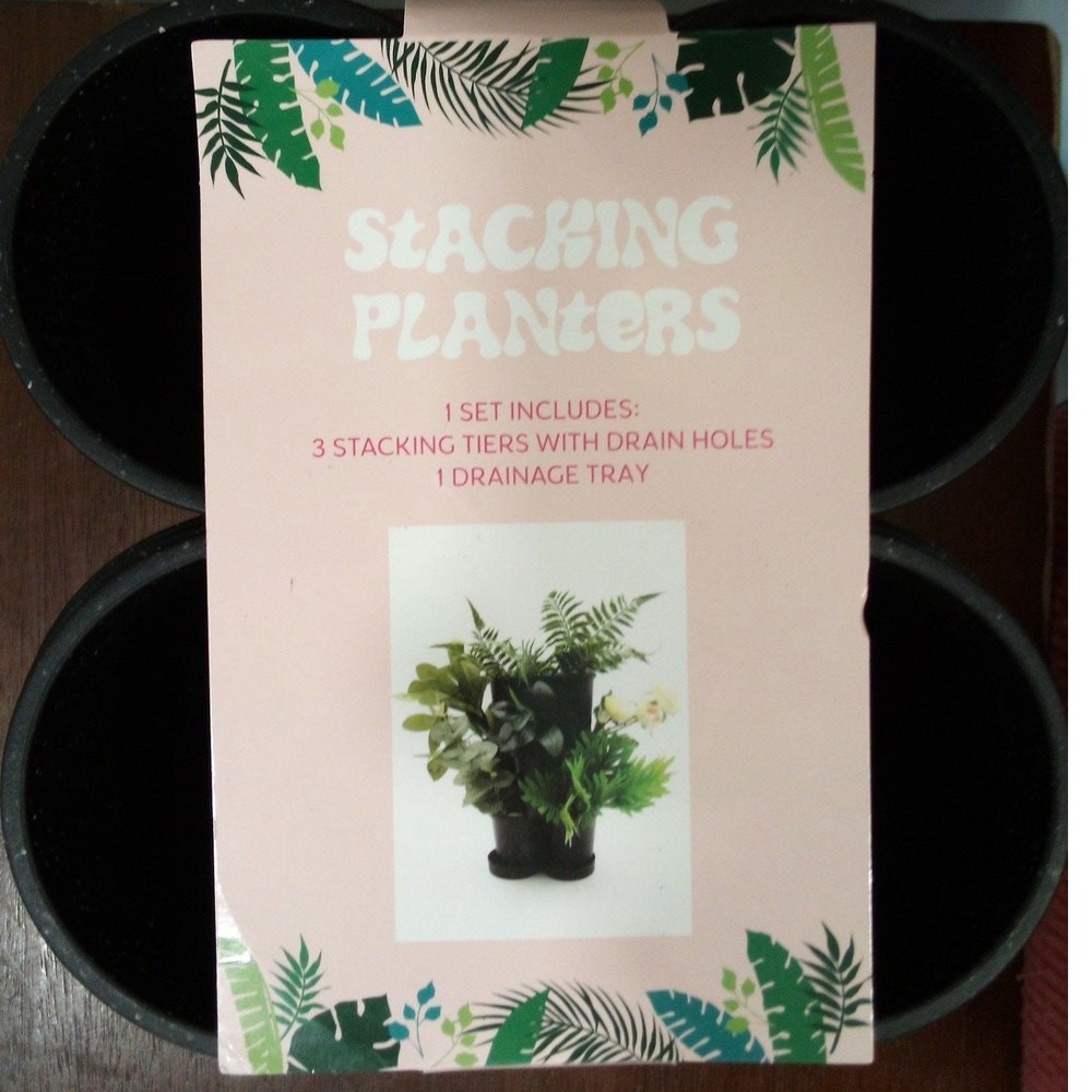 Stacking Planters – Speckled Black – 3‑Tier Set with Tray