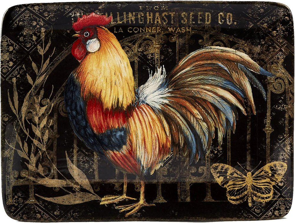 16" X 12" Gilded Rooster Rectangular Platter, One Size, Multicolor