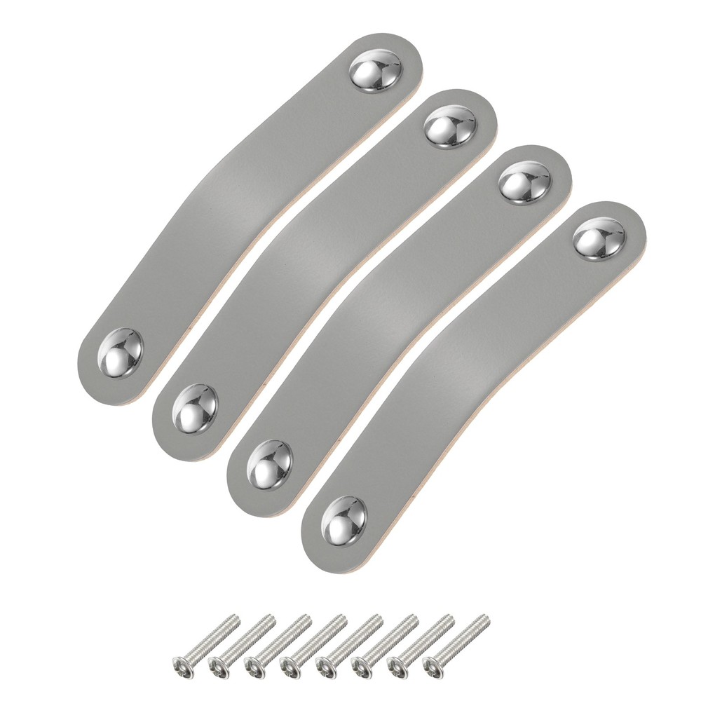 4 Packs Leather Drawer Pulls Double Hole Knobs, Grey/Silver(Hole Spacing:96mm)
