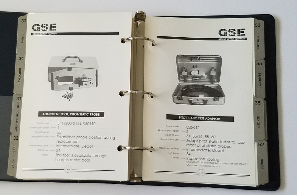 Vintage Learjet GSE Ground Support Equipment Book. Three Ring Binder. 1990's