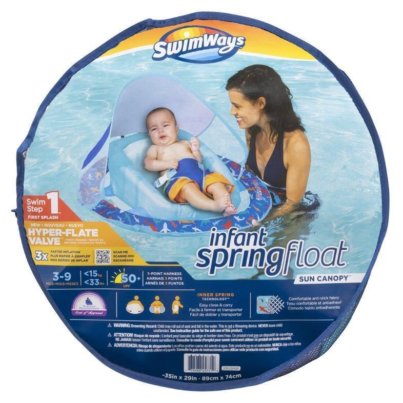 SwimWays Infant Baby Spring Float with Adjustable Sun Canopy - Blue Shark