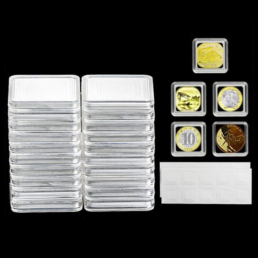 50Pcs Single Square Plastic Coins Capsule Box Storage Holder Display Protector