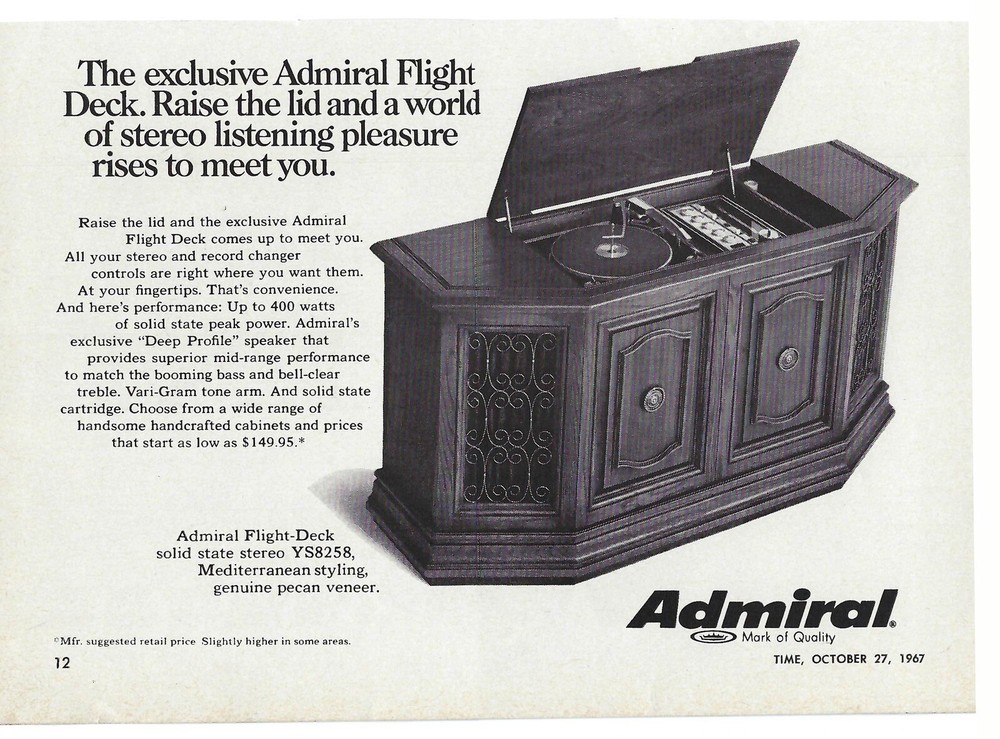 1967 Admiral Flight Deck Solid State Stereo Record Vintage Magazine Print Ad