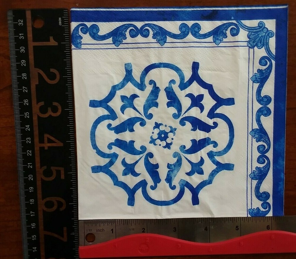 2 Pretty Paper Napkins, a Blue Medallion w/ a Blue Scroll & a Solid Blue Border 