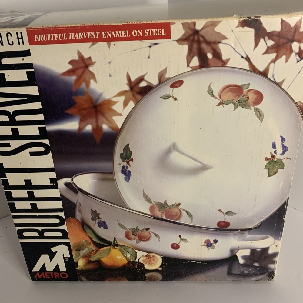 Vintage Metro Enamel Fruit Pattern THREE PIECE SET $40 Excellent condition boxed