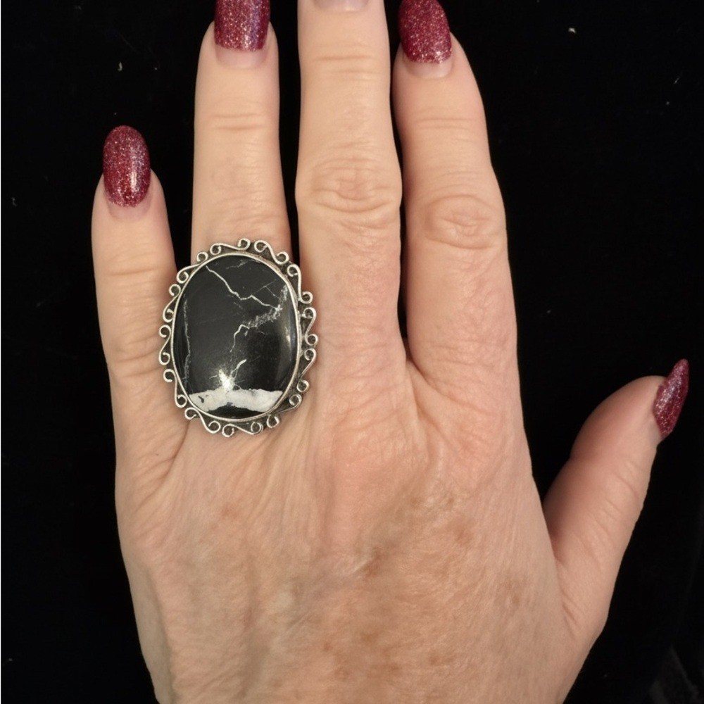 Elegant white, buffalo, turquoise and sterling Silver Statement Ring