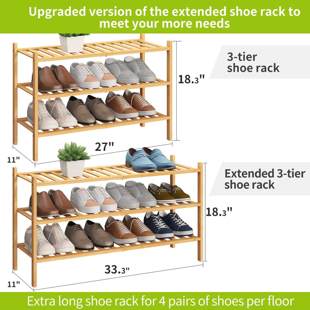 3-Tier Bamboo Extended Shoe Rack Premium Stackable Shoe Shelf Storage Organiz...
