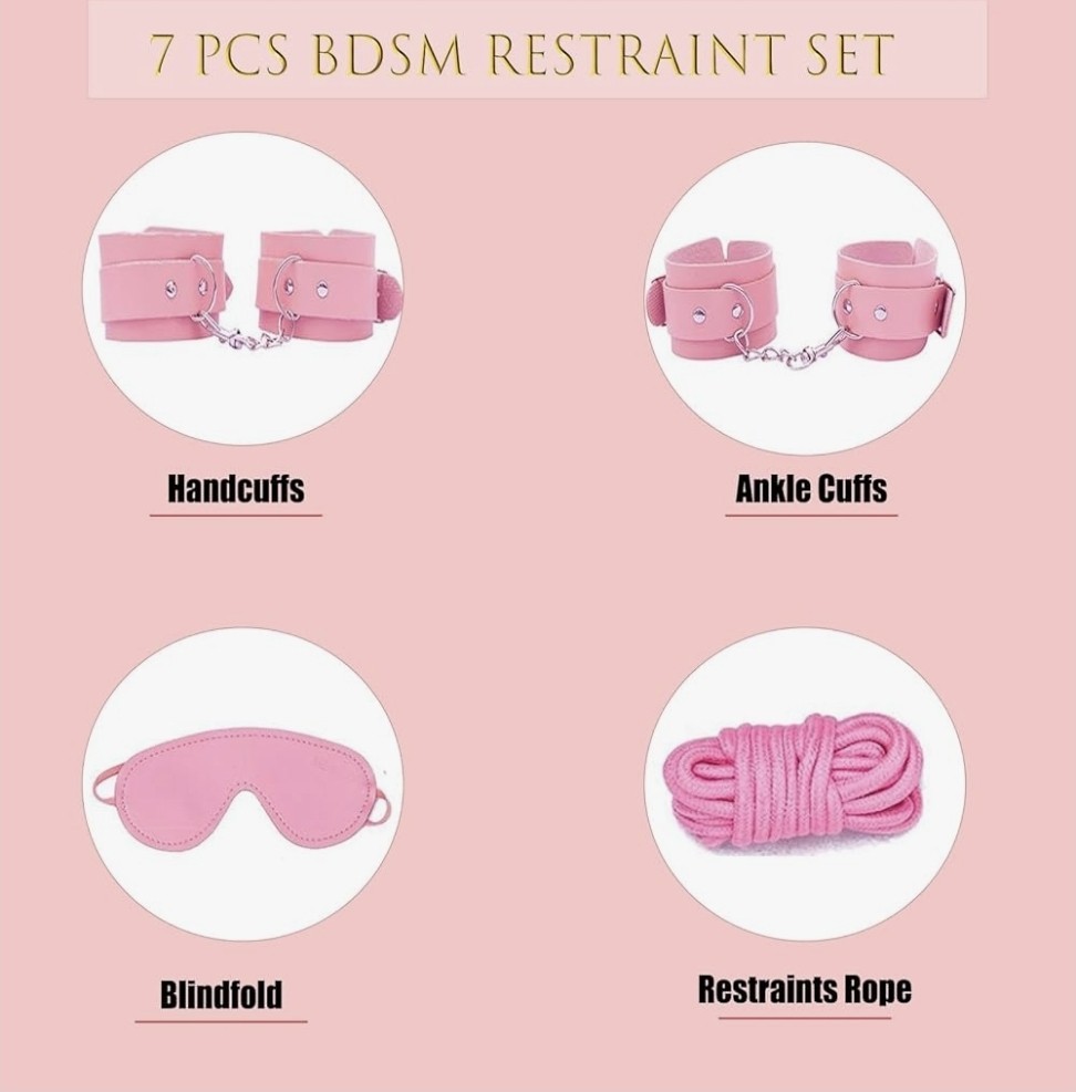 Pink 7 Pcs BDSM Kit for Beginners Bondage Set for Couples with Adjustable Cuffs