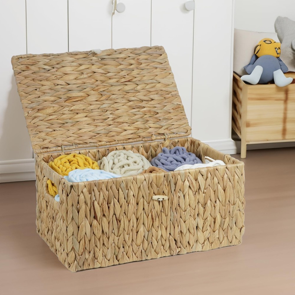 Large Wicker Basket with Lid, Rectangular Water Hyacinth Storage Baskets for ...