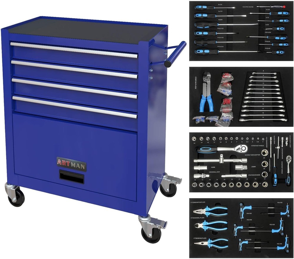 Tool Chest with 233 Pcs Tool Sets, 4-Drawer Blue Tool Cabinet - Rolling Tool C