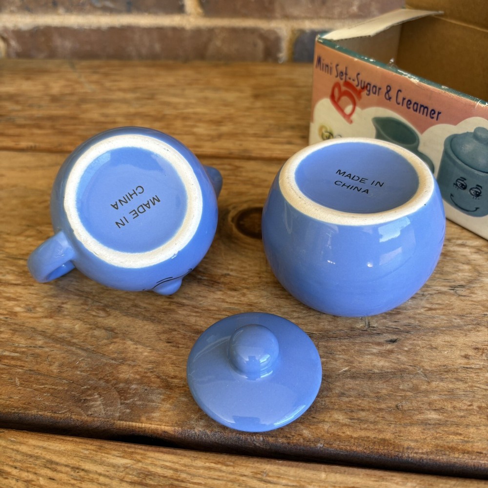 VTG Mini Set Cream & Sugar Funny Faces Blue