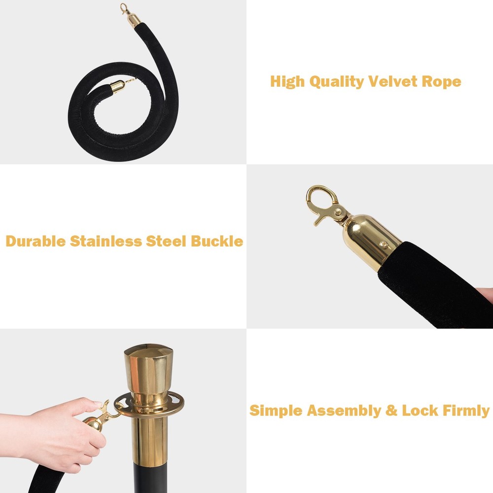 6Pcs Stanchion Posts Queue Pole Retractable 3 Velvet Ropes Crowd Control Barrier