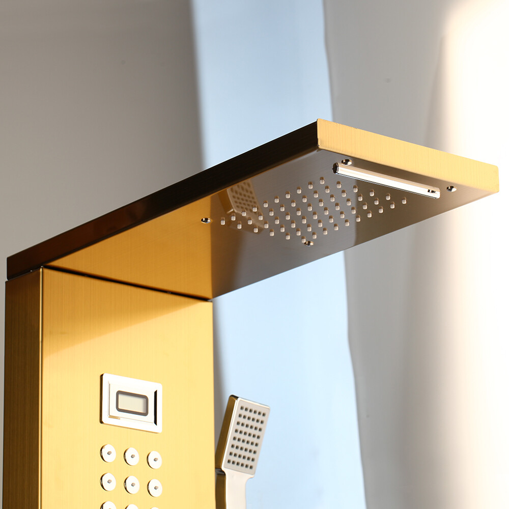 Gold Bathroom Mixer Shower Panel Digital Screen Massage Jets Wall Mounted Kit