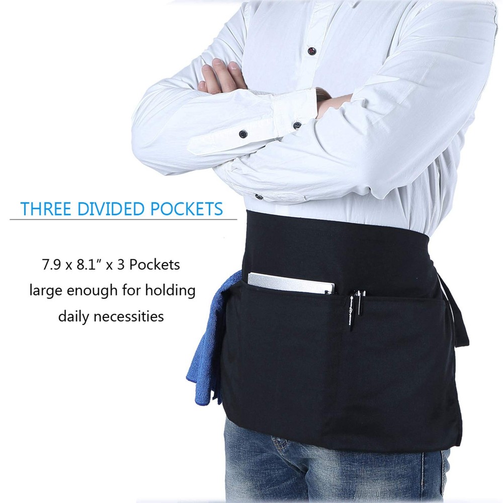 Black Waist Server Apron w/ 3 Divided Pockets, Adjustable Waiter Waitress Apron