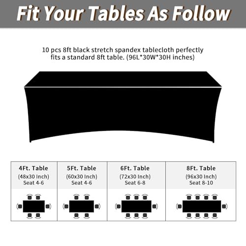 10 Pack Table Cloths Rectangle 8FT, Spandex Table Covers, Black 8Feet-10Pack