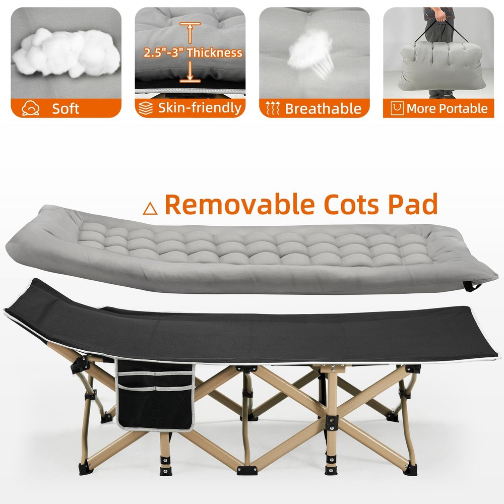 Portable Camping Cot, 600LBS Max Load, Extra Wide with Thick Mattress, Foldin...