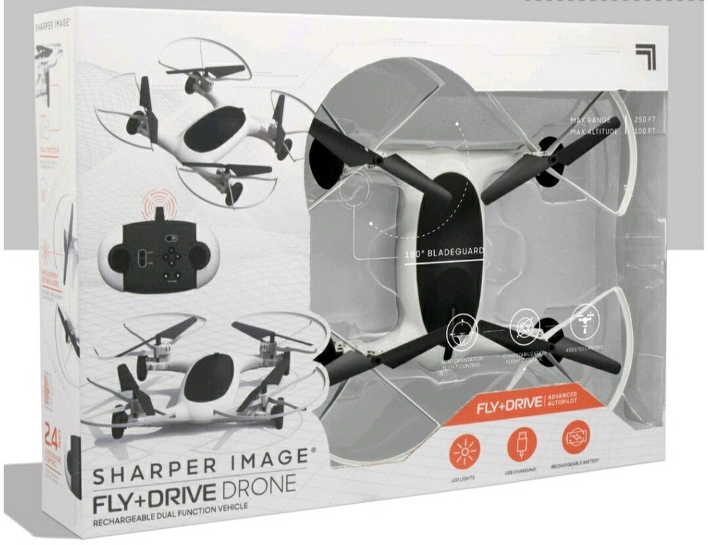 SHARPER IMAGE FLY + DRIVE 7" DRONE RECHARGEABLE DUAL FUNCTION 2.4GHZ LONG RANGE