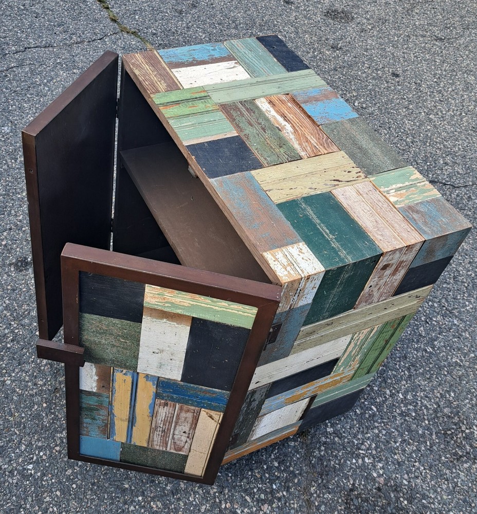 Rustic Patchwork Wood and Metal Cabinet
