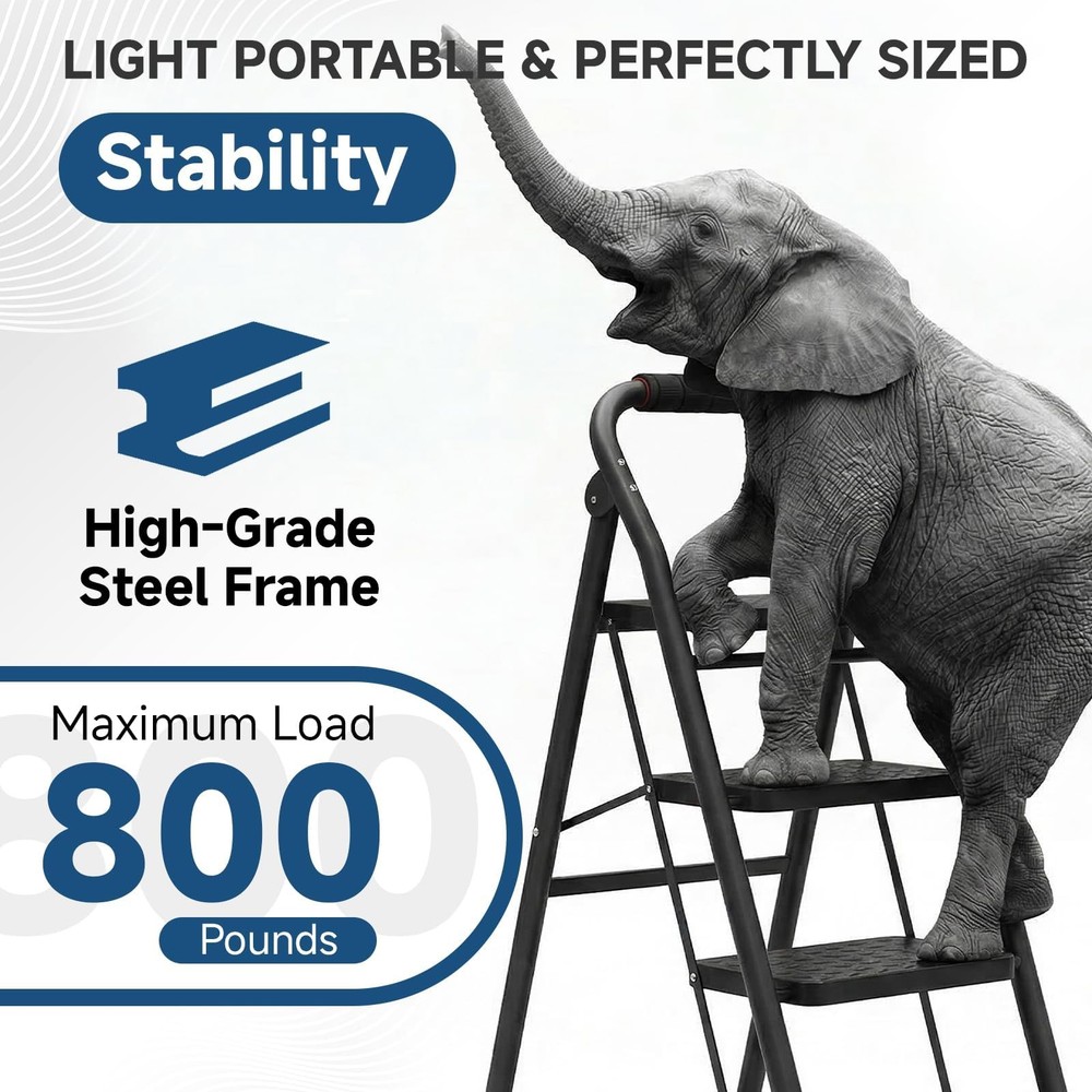 4 Step Ladder, Folding Stool with Wide 4 Step, Dark Carbon Black