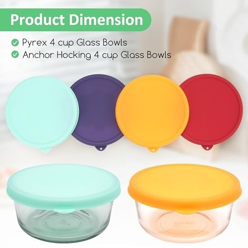 4 Cup Round Silicone Storage Lids - Replacement Covers for Glass Bowls - 4 Pack