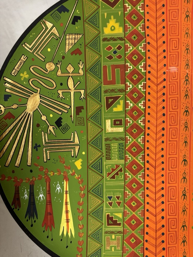 Decorative Wooden Peruvian Plate, Handpainted, 9" Diameter