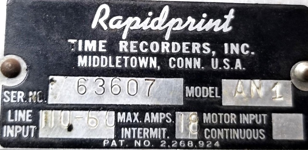 Rapidprint AN1 Time Recorder Line Input 110-60 18A Max Intermittent