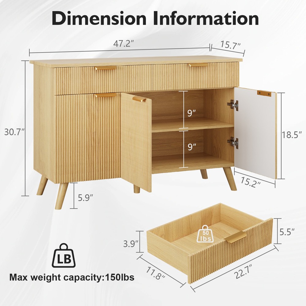 Kitchen Storage Cabinet with Drawers and Doors, Modern Fluted Sideboard Buffet