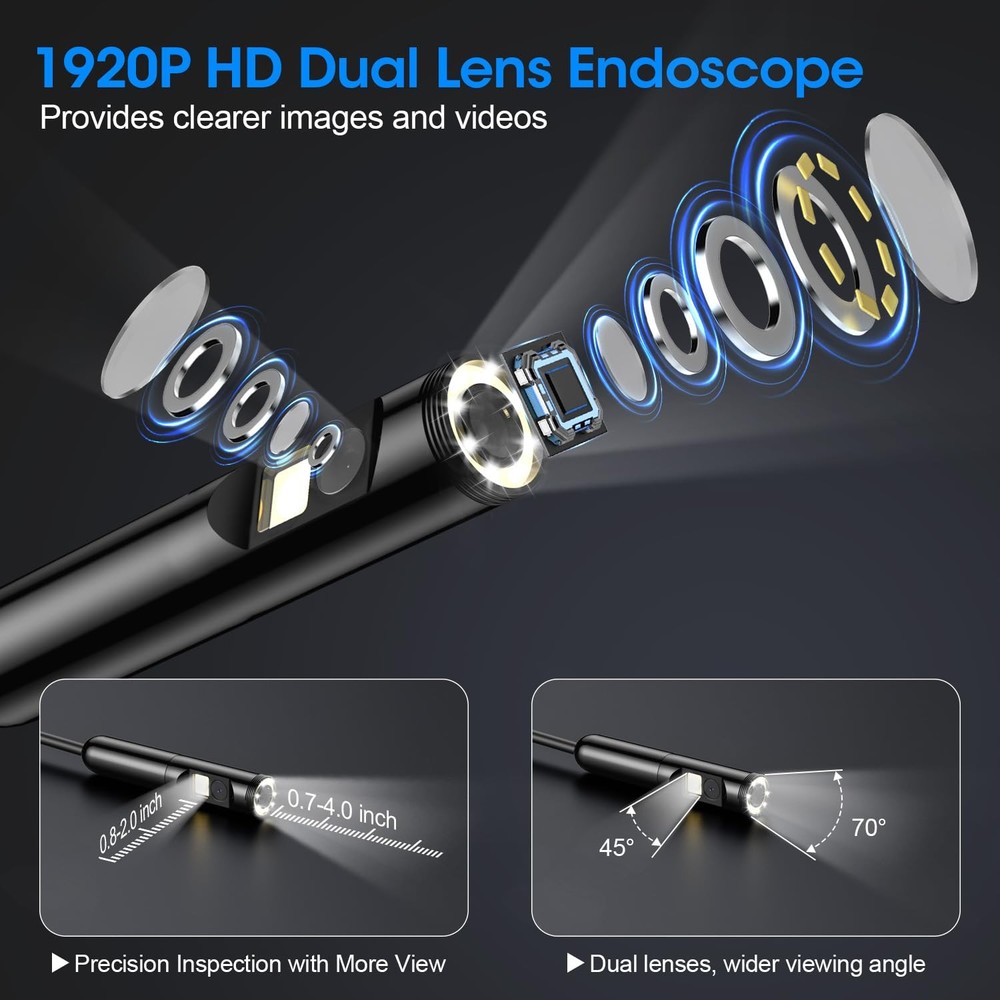 Endoscope with Light, 1920P HD Borescope 8 Adjustable LED 16.4FT, black